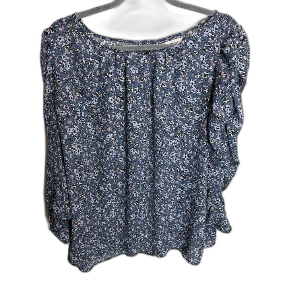 Max Studio Blue Floral Print Crepe Ruched Sleeve Blouse Lightweight 2X Cottage
